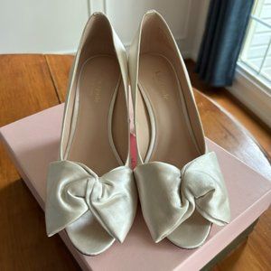 Kate Spade Satin Bow Peep Toe Pumps, Ivory, Size 9, Satin, Stiletto Heel